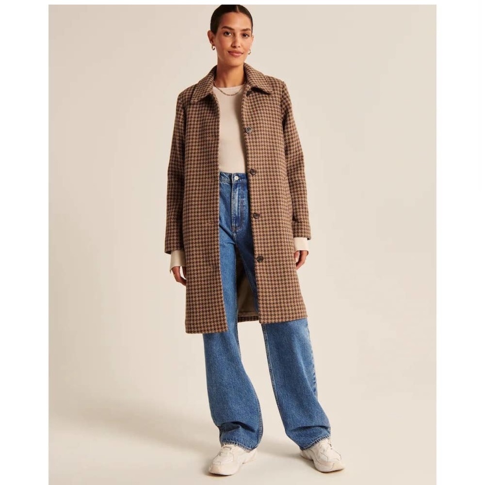 Abercrombie & Fitch brown houndstooth plaid wool coat